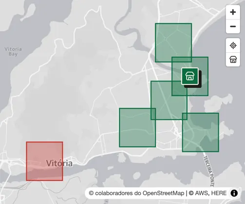 Painel do ZecaOn, relatório de zonas: o mapa com as zonas da empresa coloridas pela margem; a do Centro aparece em vermelho, com margem negativa.